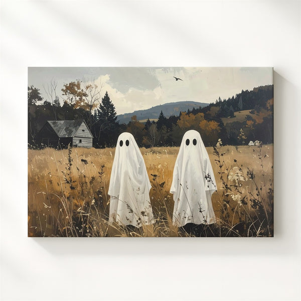 Childlike Ghosts in Autumn Field Canvas – Peaceful Rural Halloween Art - Gifitto