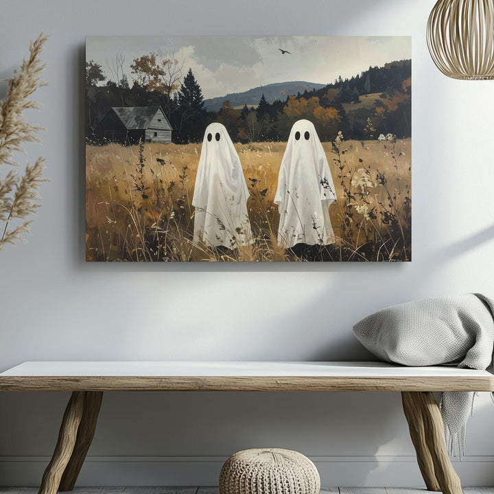 Childlike Ghosts in Autumn Field Canvas – Peaceful Rural Halloween Art - Gifitto