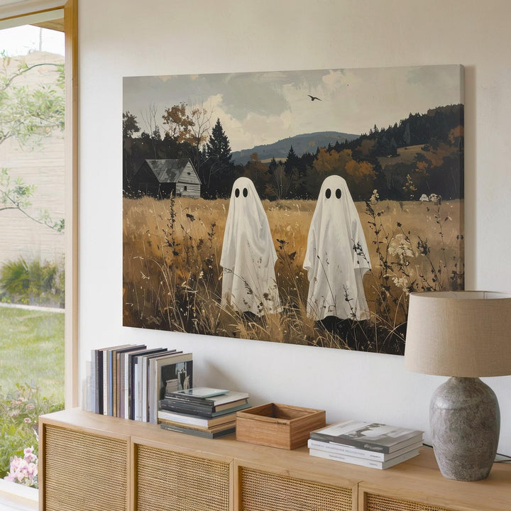 Childlike Ghosts in Autumn Field Canvas – Peaceful Rural Halloween Art - Gifitto