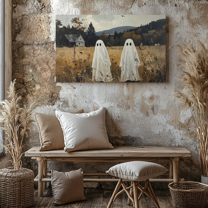 Childlike Ghosts in Autumn Field Canvas – Peaceful Rural Halloween Art - Gifitto