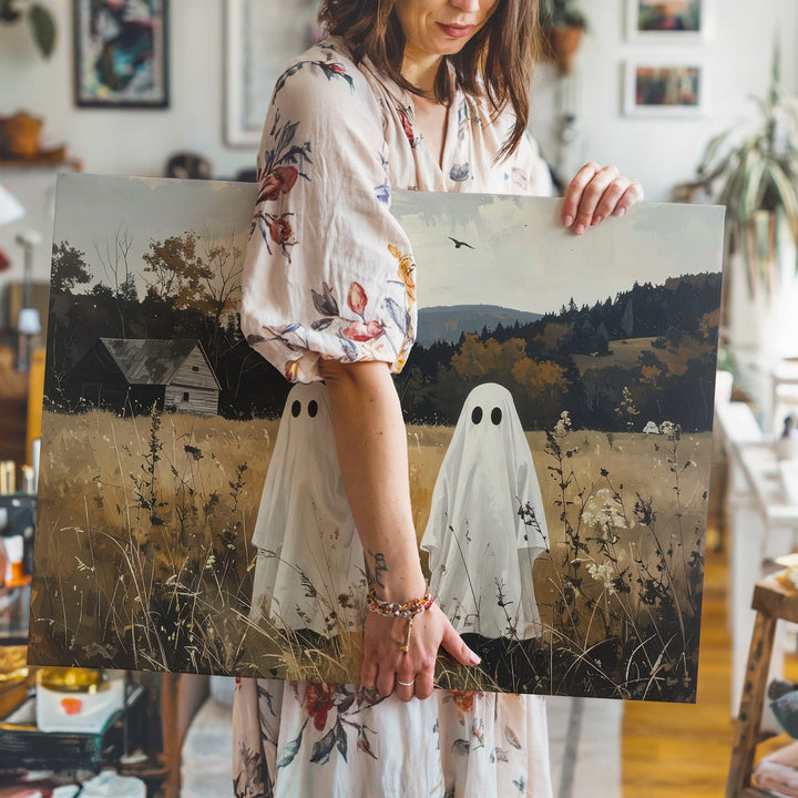 Childlike Ghosts in Autumn Field Canvas – Peaceful Rural Halloween Art - Gifitto