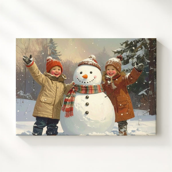 Joyful Snow Play Canvas – Children Building Snowman in Winter Wonderland - Gifitto