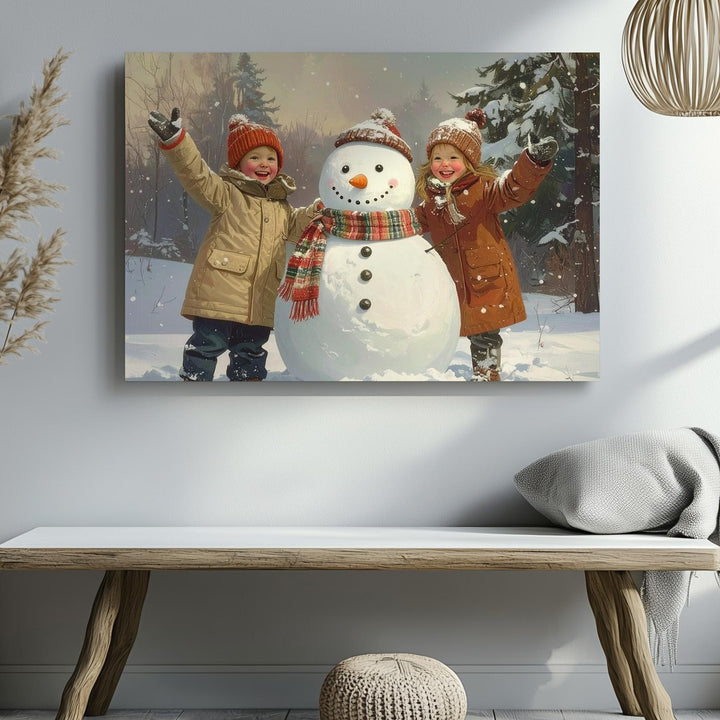 Joyful Snow Play Canvas – Children Building Snowman in Winter Wonderland - Gifitto