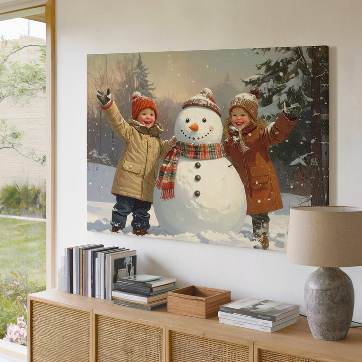 Joyful Snow Play Canvas – Children Building Snowman in Winter Wonderland - Gifitto