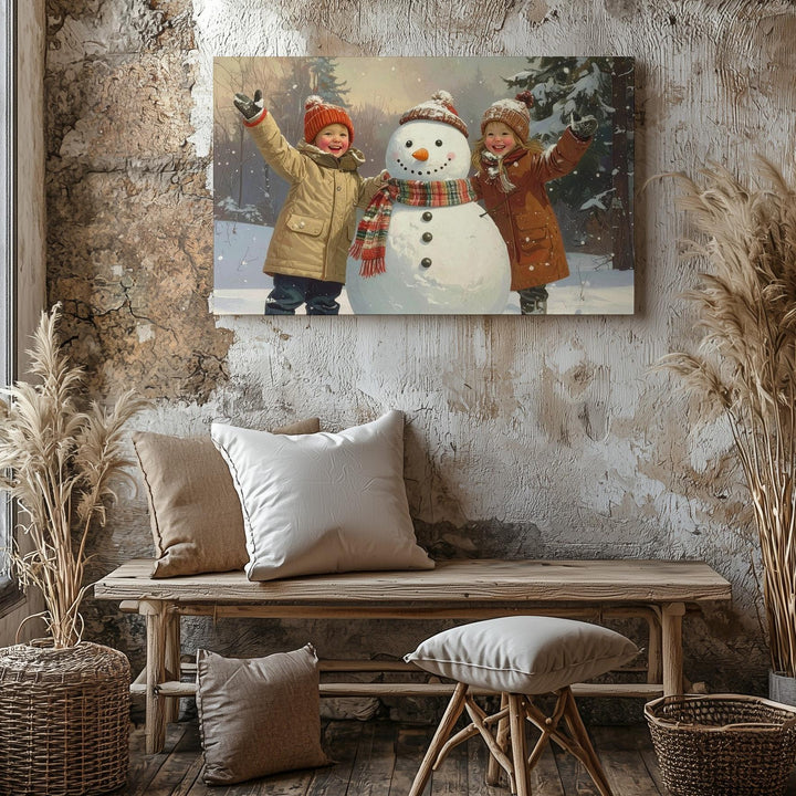 Joyful Snow Play Canvas – Children Building Snowman in Winter Wonderland - Gifitto