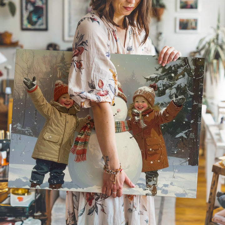 Joyful Snow Play Canvas – Children Building Snowman in Winter Wonderland - Gifitto