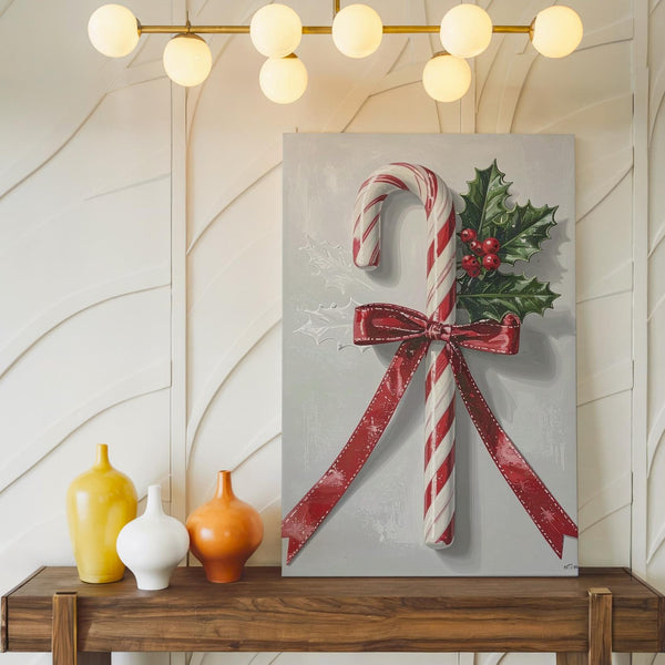 Candy Cane Duo Canvas – Classic Red Ribbon & Holly Christmas Wall Art - Gifitto
