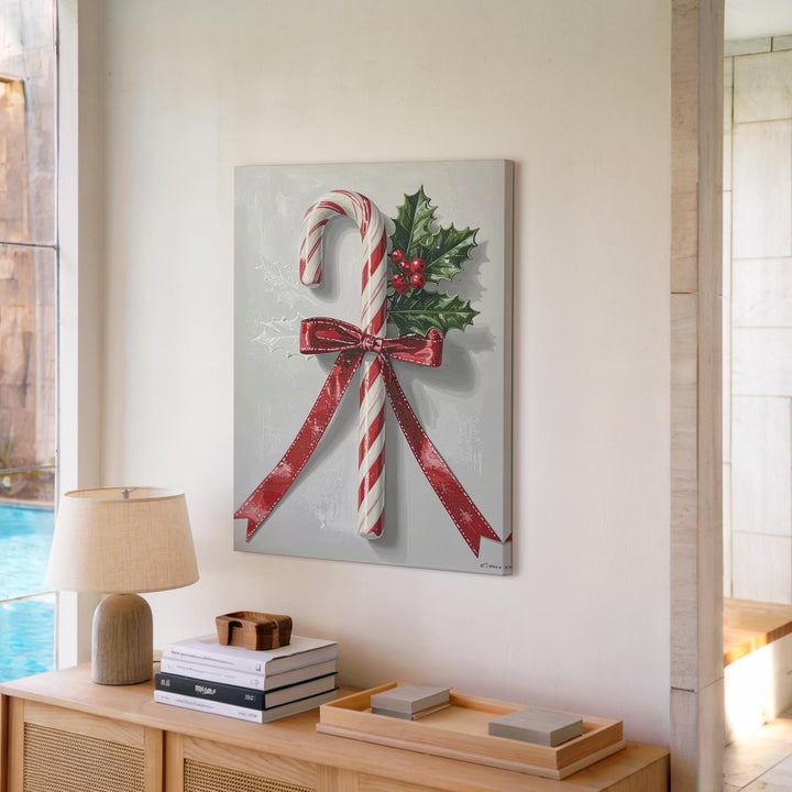 Candy Cane Duo Canvas – Classic Red Ribbon & Holly Christmas Wall Art - Gifitto