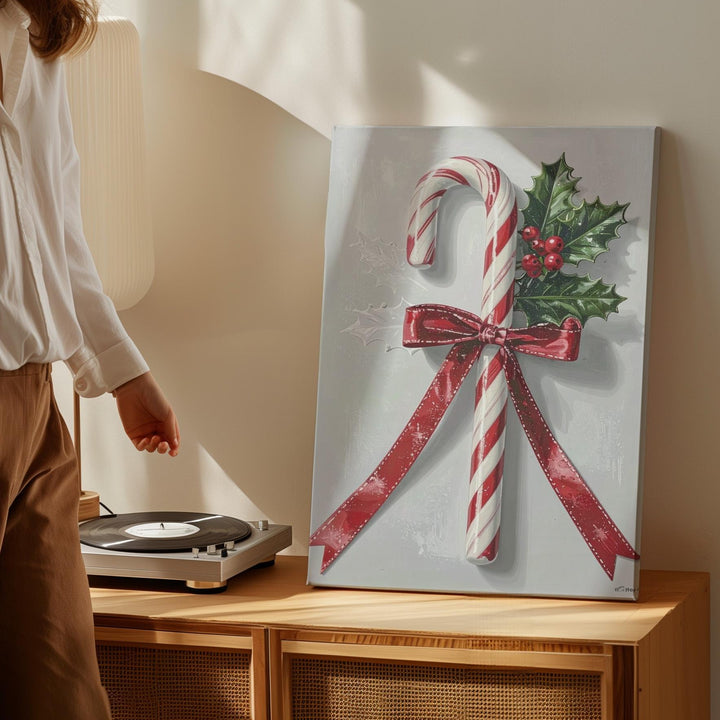 Candy Cane Duo Canvas – Classic Red Ribbon & Holly Christmas Wall Art - Gifitto