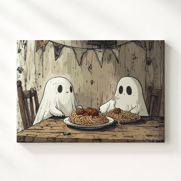 Spaghetti Ghosts Canvas – Whimsical Halloween Dinner Date Wall Art - Gifitto