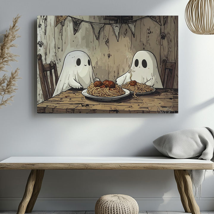 Spaghetti Ghosts Canvas – Whimsical Halloween Dinner Date Wall Art - Gifitto