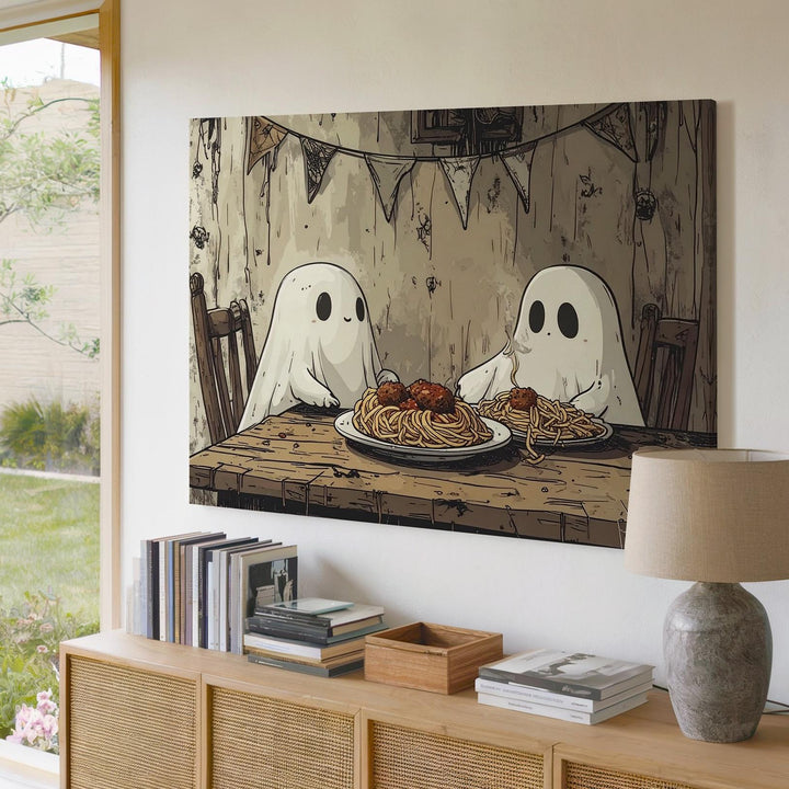 Spaghetti Ghosts Canvas – Whimsical Halloween Dinner Date Wall Art - Gifitto