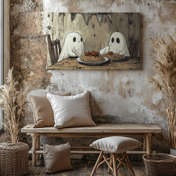 Spaghetti Ghosts Canvas – Whimsical Halloween Dinner Date Wall Art - Gifitto