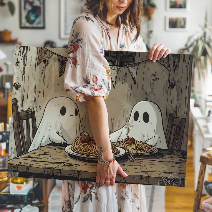 Spaghetti Ghosts Canvas – Whimsical Halloween Dinner Date Wall Art - Gifitto