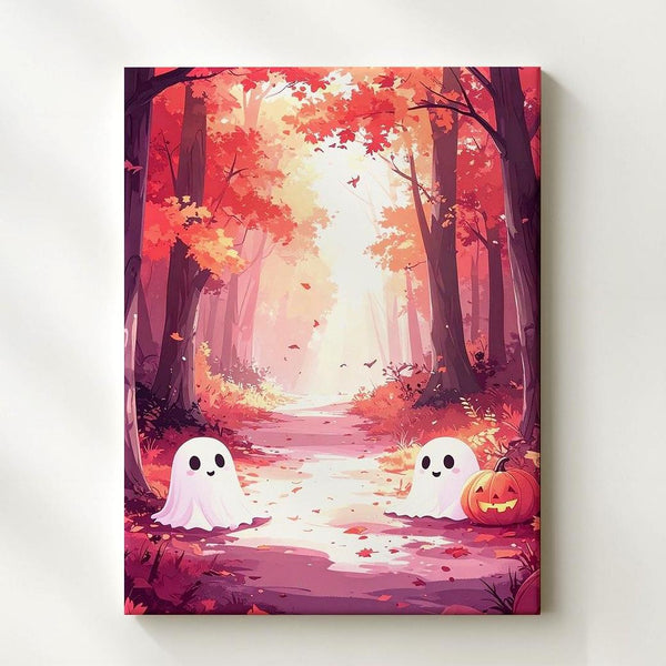 Cute Ghost Pair in Autumn Forest Canvas – Whimsical Halloween Wall Art - Gifitto
