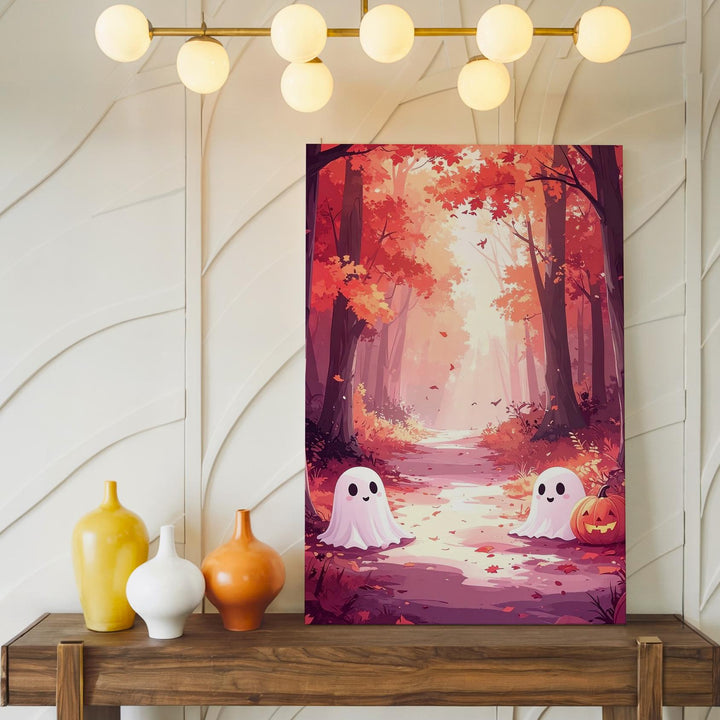 Cute Ghost Pair in Autumn Forest Canvas – Whimsical Halloween Wall Art - Gifitto