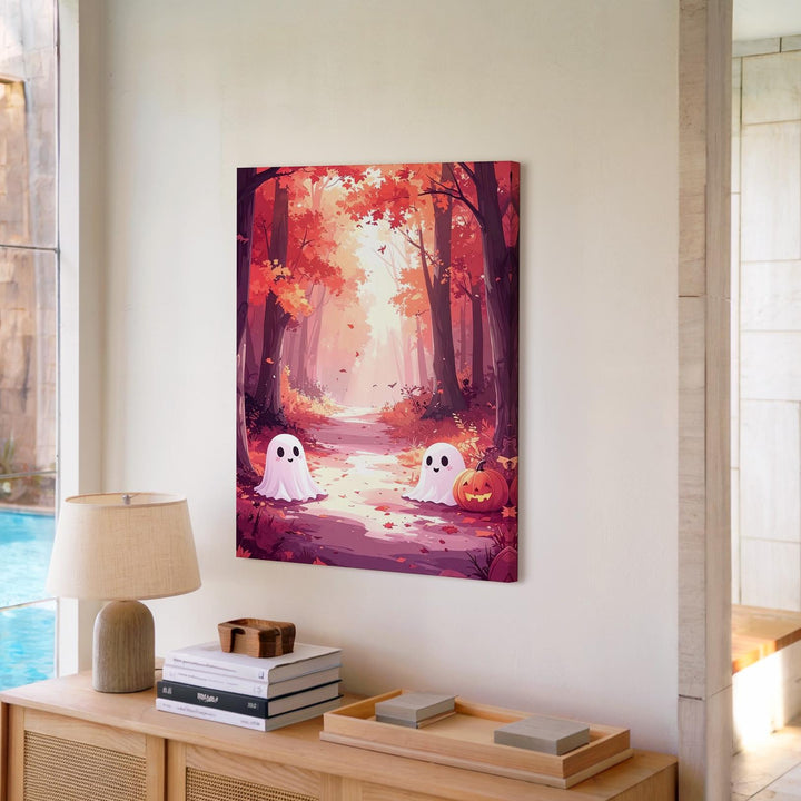 Cute Ghost Pair in Autumn Forest Canvas – Whimsical Halloween Wall Art - Gifitto