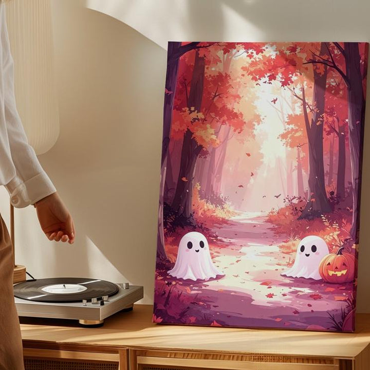Cute Ghost Pair in Autumn Forest Canvas – Whimsical Halloween Wall Art - Gifitto