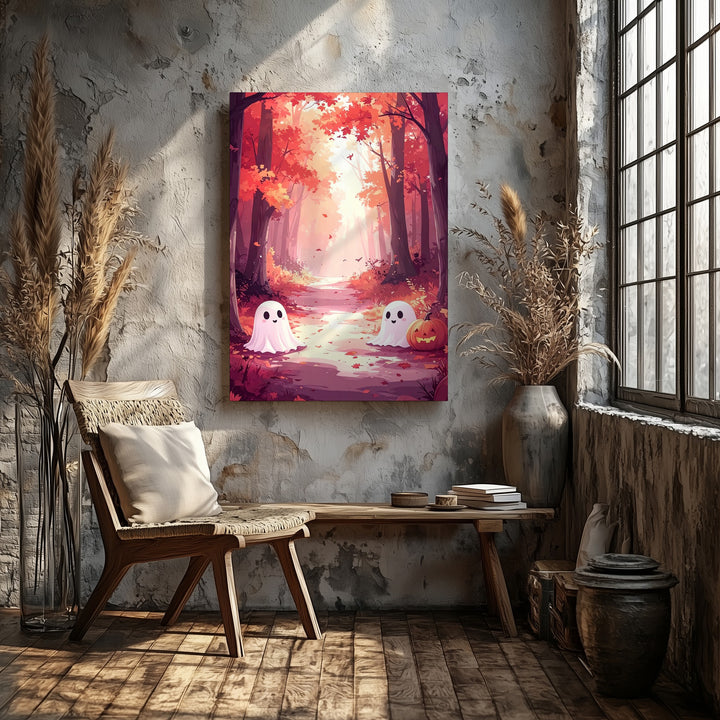 Cute Ghost Pair in Autumn Forest Canvas – Whimsical Halloween Wall Art - Gifitto