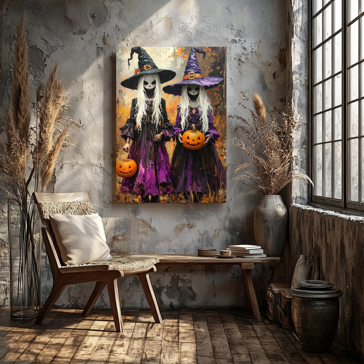 Enchanted Witch Sisters Canvas – Mystical Feminine Halloween Wall Art - Gifitto