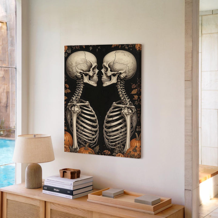 Skeleton Lovers Canvas – Gothic Halloween Romance with Floral Detail - Gifitto