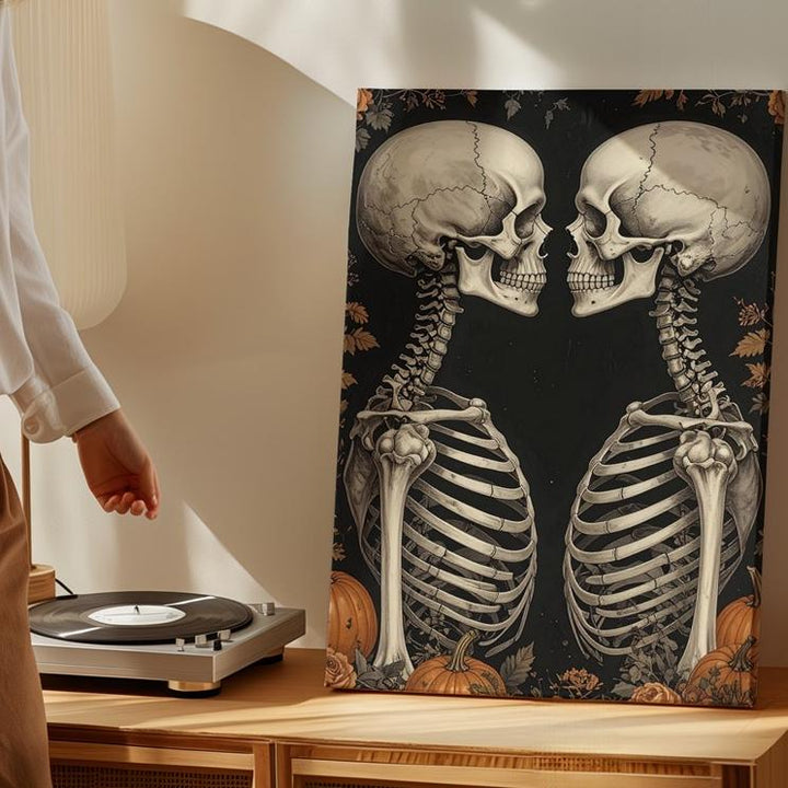 Skeleton Lovers Canvas – Gothic Halloween Romance with Floral Detail - Gifitto