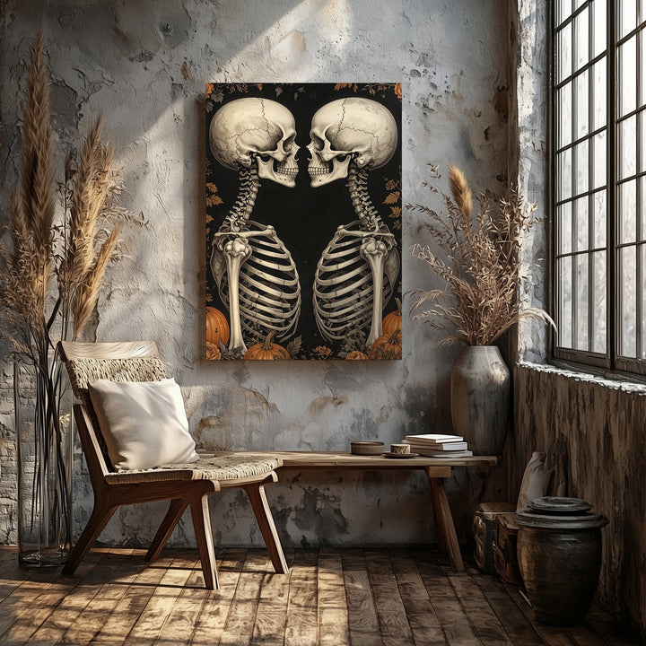 Skeleton Lovers Canvas – Gothic Halloween Romance with Floral Detail - Gifitto