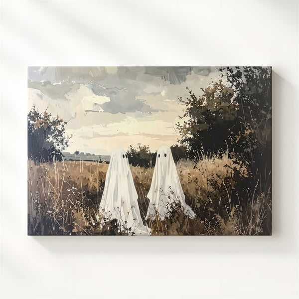 Gentle Ghost Companions Canvas – Peaceful Rustic Halloween Field Art - Gifitto