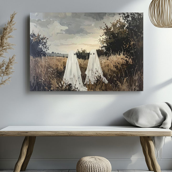 Gentle Ghost Companions Canvas – Peaceful Rustic Halloween Field Art - Gifitto