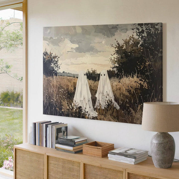 Gentle Ghost Companions Canvas – Peaceful Rustic Halloween Field Art - Gifitto