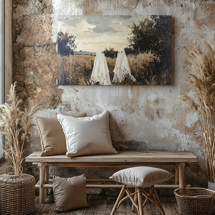Gentle Ghost Companions Canvas – Peaceful Rustic Halloween Field Art - Gifitto