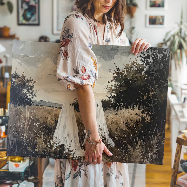 Gentle Ghost Companions Canvas – Peaceful Rustic Halloween Field Art - Gifitto