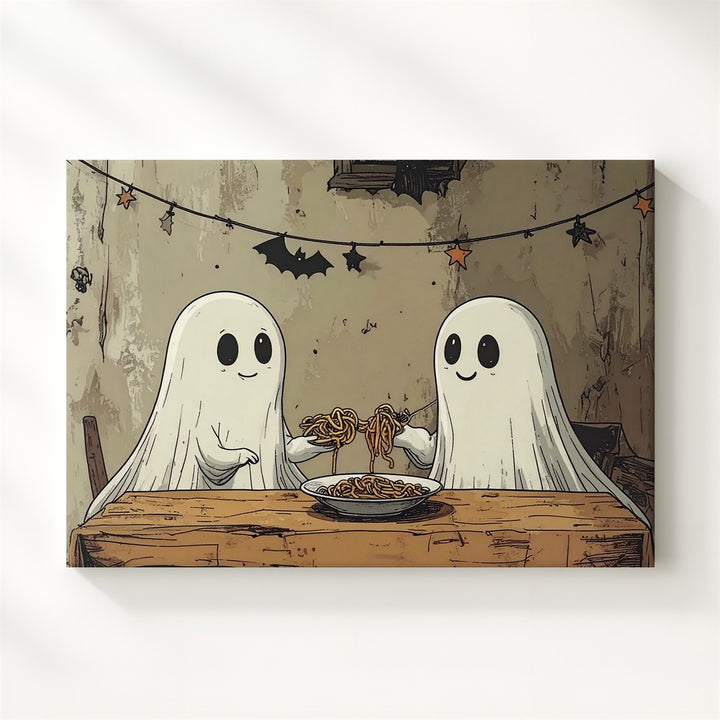 Ghost Spaghetti Dinner Canvas – Minimalist Cozy Halloween Sketch Art - Gifitto