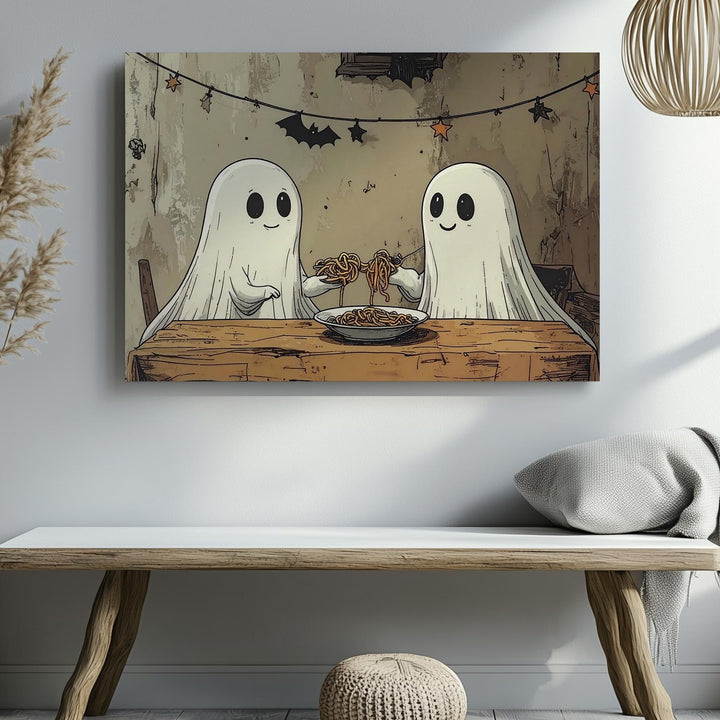Ghost Spaghetti Dinner Canvas – Minimalist Cozy Halloween Sketch Art - Gifitto