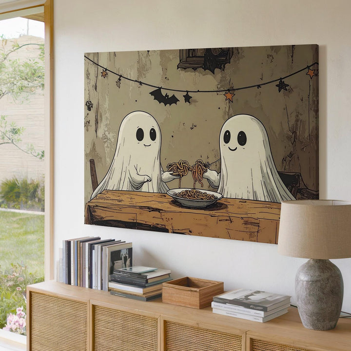 Ghost Spaghetti Dinner Canvas – Minimalist Cozy Halloween Sketch Art - Gifitto