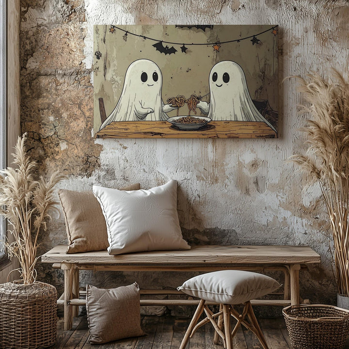 Ghost Spaghetti Dinner Canvas – Minimalist Cozy Halloween Sketch Art - Gifitto