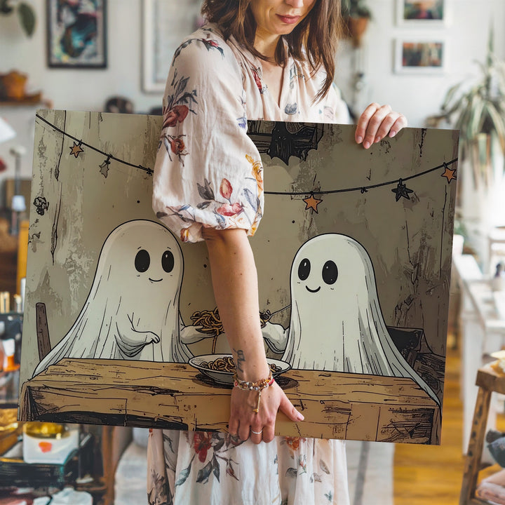 Ghost Spaghetti Dinner Canvas – Minimalist Cozy Halloween Sketch Art - Gifitto