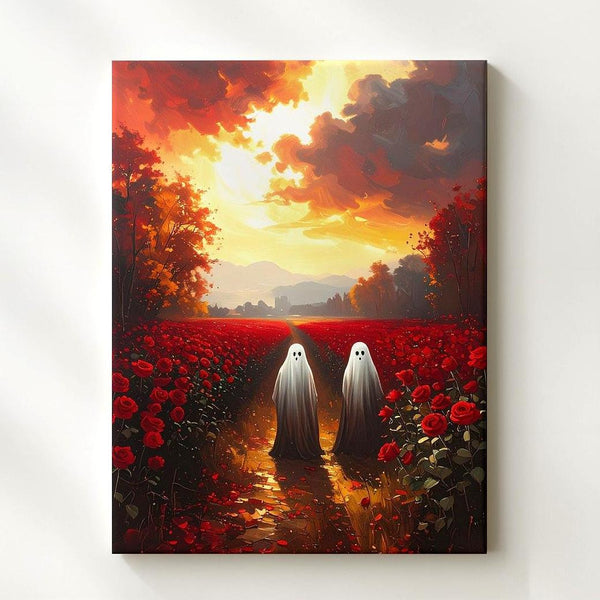 Ghosts in Rose Field Canvas – Mystical Halloween & Golden Sunset Art - Gifitto