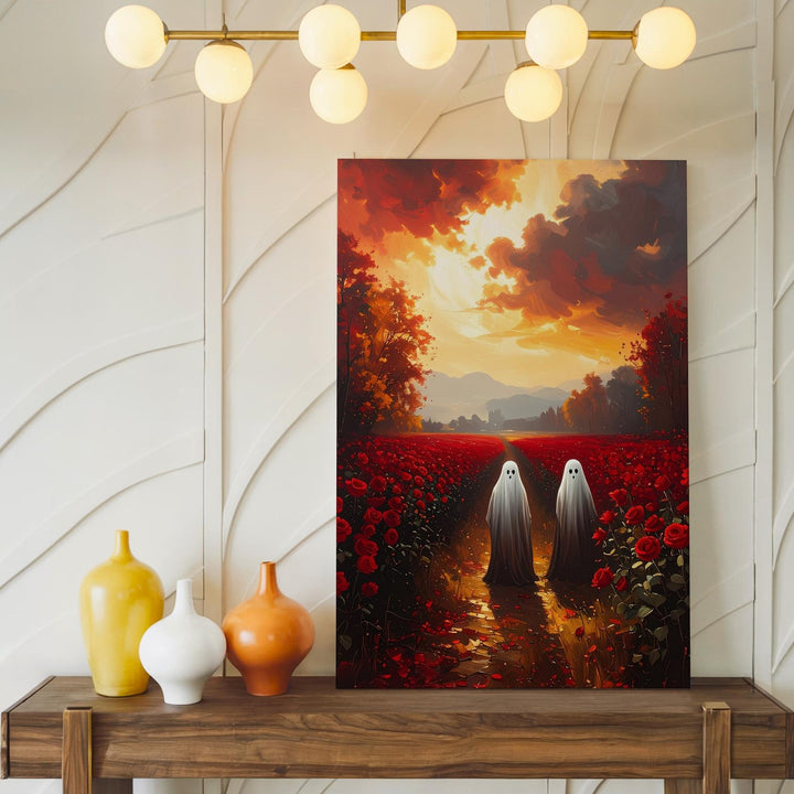 Ghosts in Rose Field Canvas – Mystical Halloween & Golden Sunset Art - Gifitto