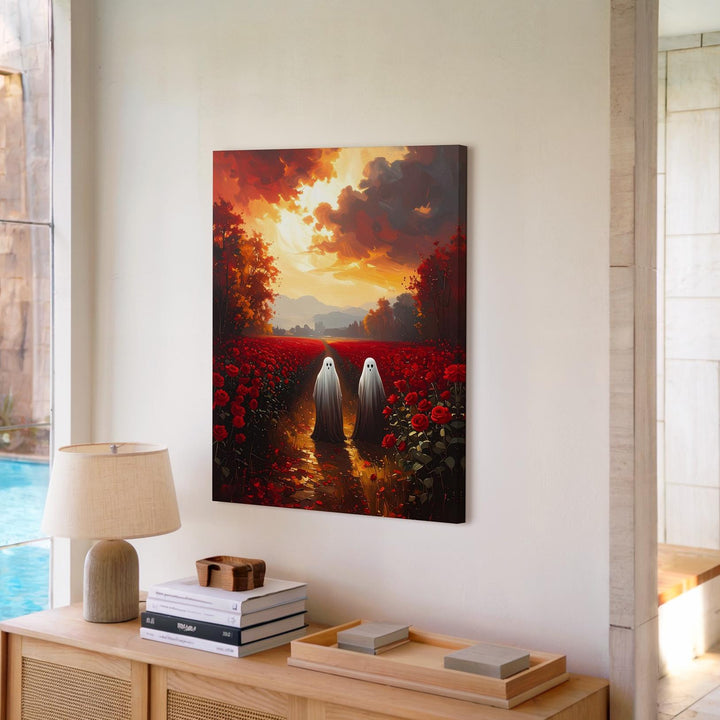Ghosts in Rose Field Canvas – Mystical Halloween & Golden Sunset Art - Gifitto