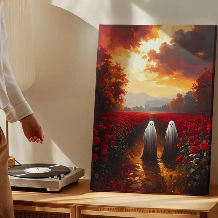 Ghosts in Rose Field Canvas – Mystical Halloween & Golden Sunset Art - Gifitto