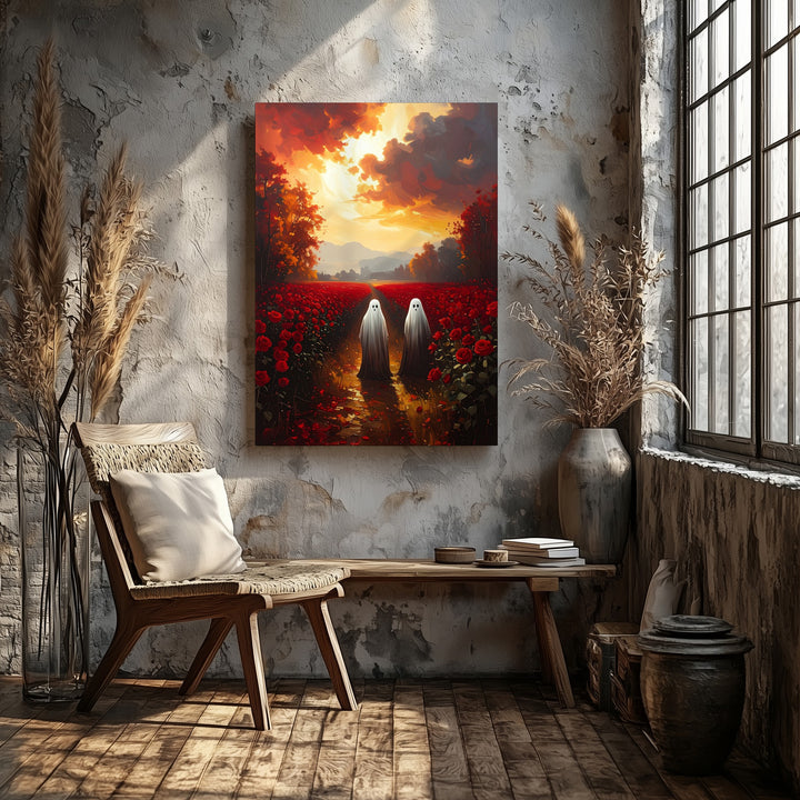 Ghosts in Rose Field Canvas – Mystical Halloween & Golden Sunset Art - Gifitto