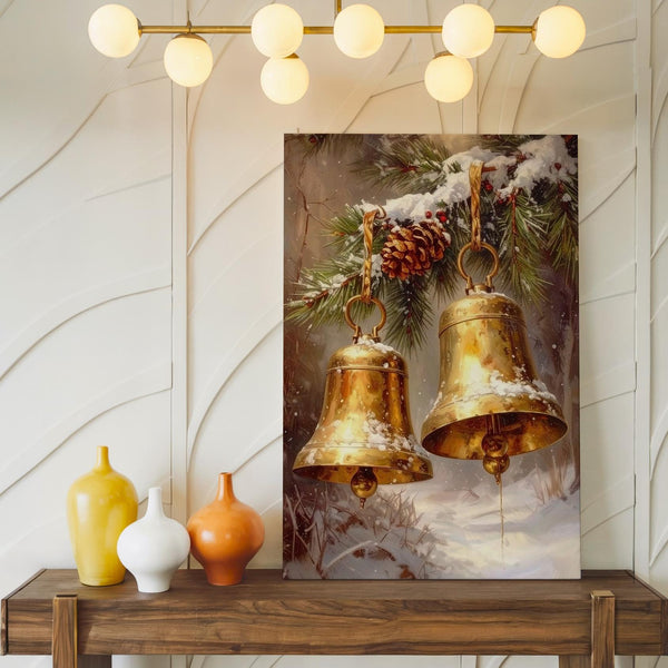 Golden Christmas Bells Canvas – Snowy Pine Branch & Winter Sky Wall Art - Gifitto