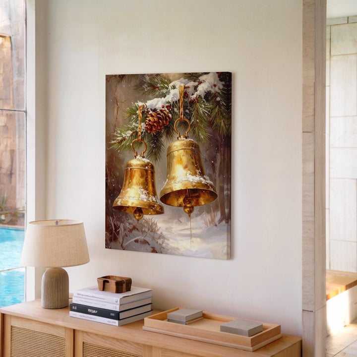 Golden Christmas Bells Canvas – Snowy Pine Branch & Winter Sky Wall Art - Gifitto