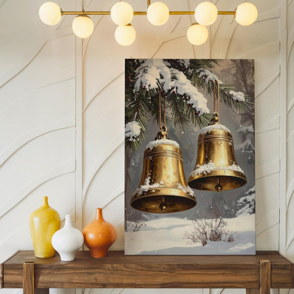 Elegant Golden Bells Canvas – Snowy Pine & Peaceful Christmas Wall Art - Gifitto