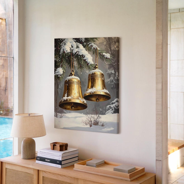 Elegant Golden Bells Canvas – Snowy Pine & Peaceful Christmas Wall Art - Gifitto