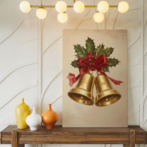Golden Christmas Bells Canvas – Red Ribbon & Holly Holiday Wall Art - Gifitto