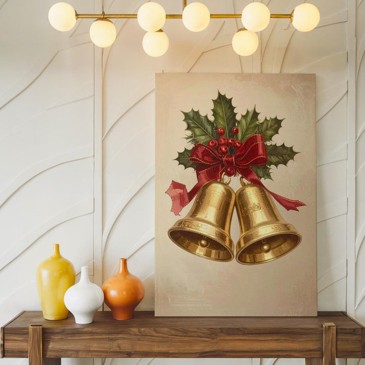 Golden Christmas Bells Canvas – Red Ribbon & Holly Holiday Wall Art - Gifitto