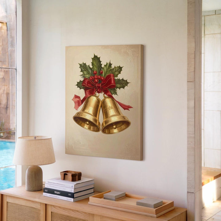 Golden Christmas Bells Canvas – Red Ribbon & Holly Holiday Wall Art - Gifitto