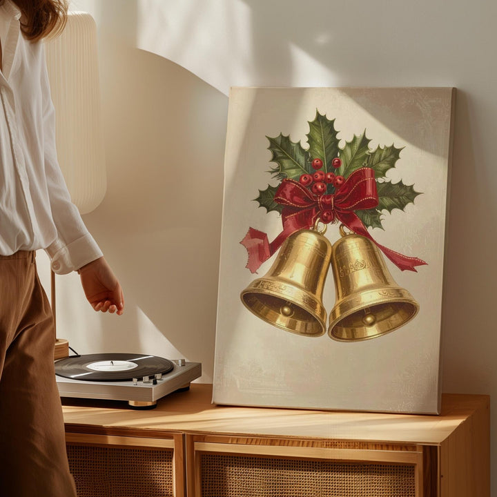 Golden Christmas Bells Canvas – Red Ribbon & Holly Holiday Wall Art - Gifitto